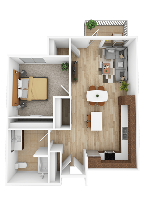Floor plan for 1 bed, 1 bath, 730 sqft